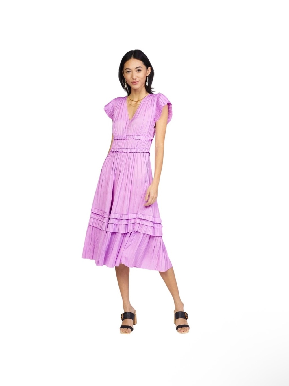 Current Air Sereia V-Neck Pleated Tiered Midi Dress size M Silky Romantic